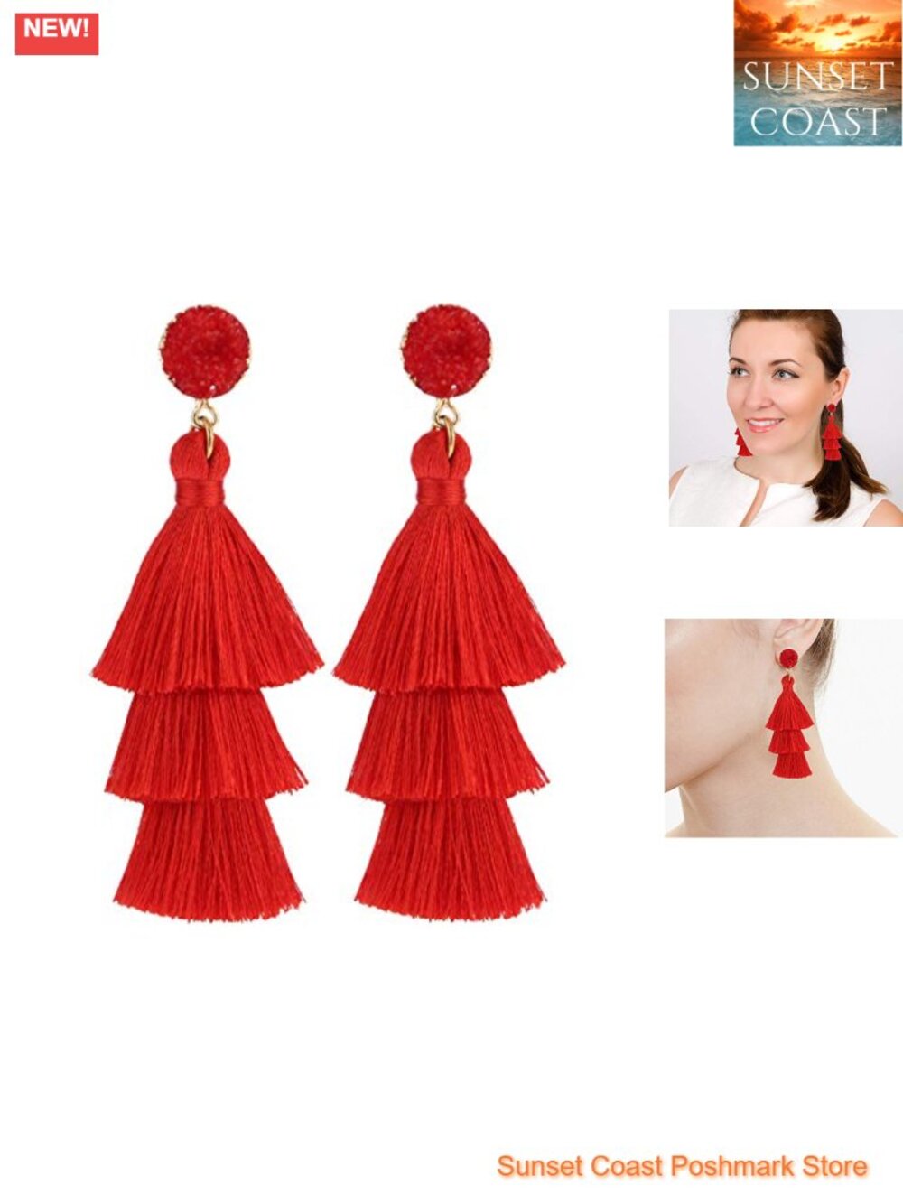 Gold Plated Tassel Earrings with Druzy Stud Push Back